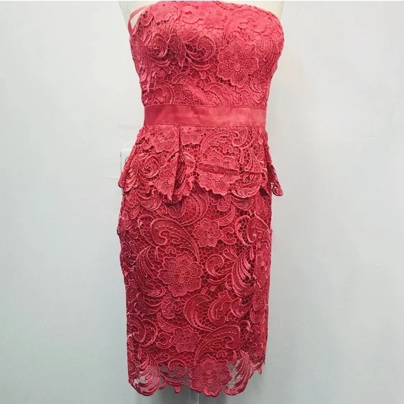 CACHE Coral Pink Floral Lace Peplum Strapless Dress EUC Size 8 - Picture 6 of 11